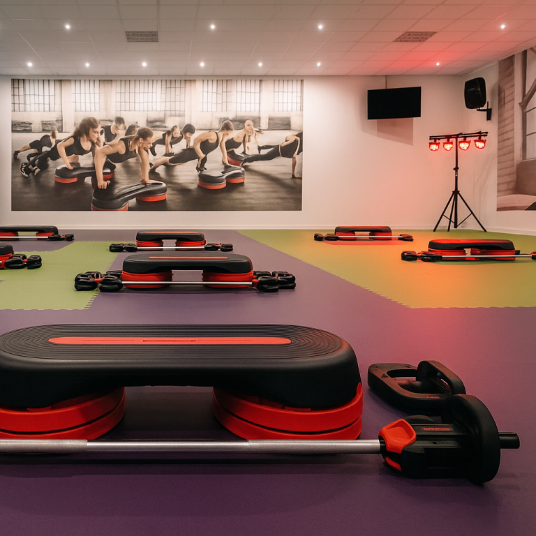 Kursraum ohne Teilnehmer mit Bodypump Sets